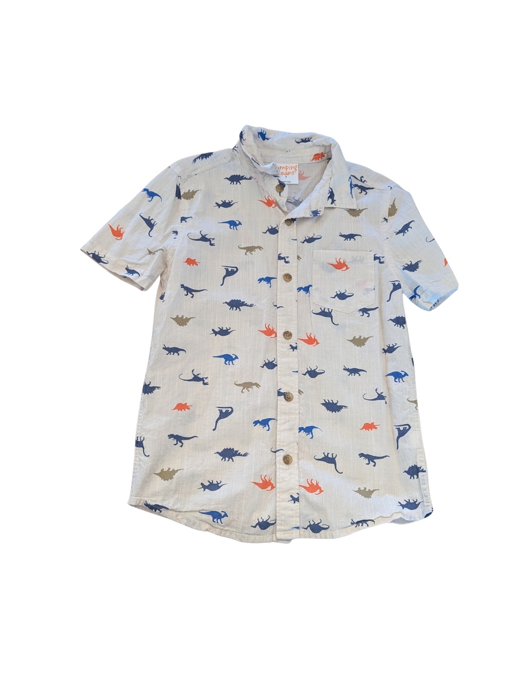 EUC Jumping Beans boys 7 short sleeve button up dinosaur cotton shirt cream